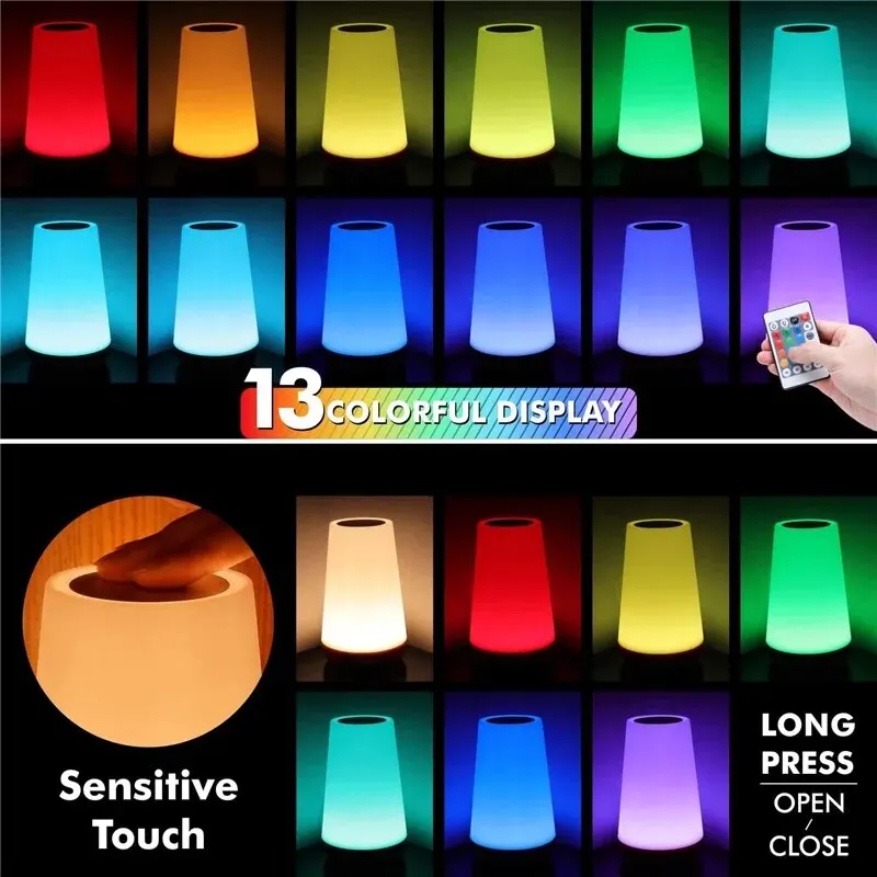 13 Color Changing Night Light Remote Control Touch USB Rechargeable RGB Night Lamp Dimmable Lamp Portable Table Bedside Lamp - Image 3